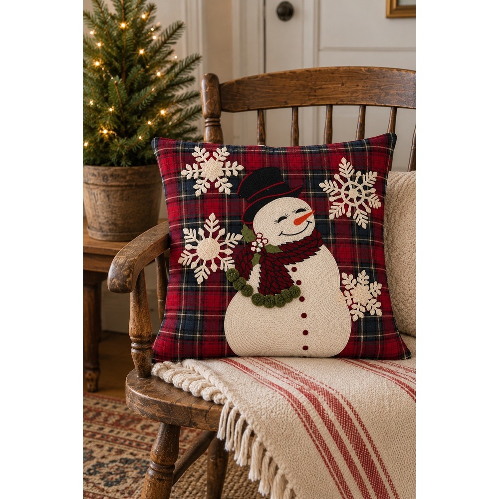 Pottery Barn Tartan Plaid Applique Snowman Christmas Holiday Pillow Cover Only